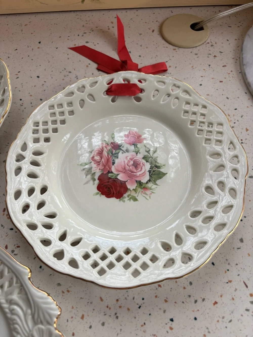 Baum Bros “Amalfi” Porcelain Plate Set – Rose Floral Ribbon Wall Plates Set of 3